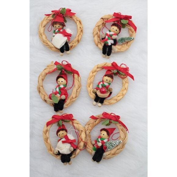 Vintage Elves in Raffia Wreaths Christmas Ornaments Set of 6 in Original Box - Picture 5 of 10